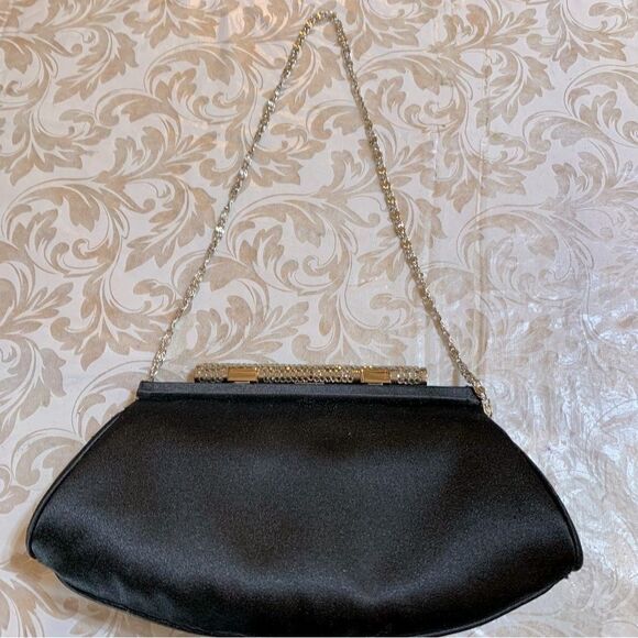 Ann Taylor Black Satin Evening Bag Handbag Chain Strap Sparkle Rhinestones NWOT - Picture 1 of 5